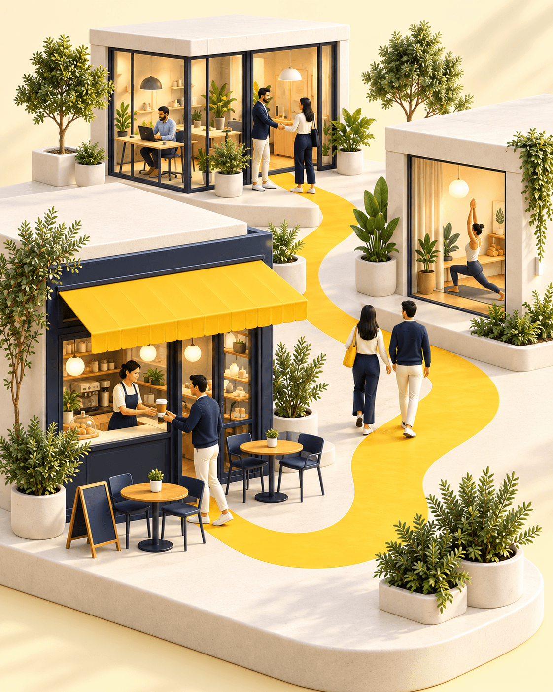 Café, oficina y espacio de bienestar conectados por un camino amarillo